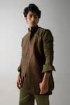 Jatin Malik_Green Linen Silk Pintucks Stripes Band Collar Ombre Kurta _Online_at_Aza_Fashions