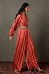 Buy_RI.Ritu Kumar_Red Viscose Printed Zardozi Shawl Collar Kylie Floral Embroidered Jumpsuit _Online_at_Aza_Fashions