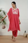 Shop_OMI_Coral Linen Embroidered Round Kaftan And Pant Set _Online_at_Aza_Fashions