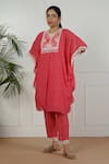 OMI_Coral Linen Embroidered Round Kaftan And Pant Set _at_Aza_Fashions