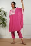 OMI_Pink Linen, Crepe Embroidery, Lace Round Neck Floral Yoke Kaftan And Pant Set_at_Aza_Fashions