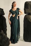 Buy_Jade By Ashima_Green Saree Georgette Embroidery Crystal Leaf Galia Pre-draped With Blouse _Online_at_Aza_Fashions