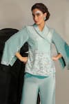 Jade By Ashima_Blue Crepe Hand Embroidery Cutdana Shawl Collar Kai Jacket With Pant _Online_at_Aza_Fashions