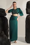 Jade By Ashima_Green Crepe Blouse Hand Embroidery Crystal Round Neck Sea Urchin With Skirt_Online_at_Aza_Fashions