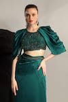 Shop_Jade By Ashima_Green Crepe Blouse Hand Embroidery Crystal Round Neck Sea Urchin With Skirt_Online_at_Aza_Fashions