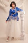 Jajaabor_Blue Silk Organza Embroidery Athena Cowl Neck Jacket _Online_at_Aza_Fashions