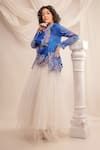 Jajaabor_Blue Silk Organza Embroidery Athena Cowl Neck Jacket _at_Aza_Fashions