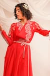 Jajaabor_Coral Silk Chanderi Embroidery Athena Cowl Neck Bodice Angrakha And Pant Set _Online_at_Aza_Fashions