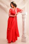 Buy_Jajaabor_Coral Silk Chanderi Embroidery Athena Cowl Neck Bodice Angrakha And Pant Set _Online_at_Aza_Fashions