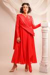 Jajaabor_Coral Silk Chanderi Deconstructed Angrakha And Pant Set_Online_at_Aza_Fashions