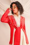 Shop Jajaabor Coral Silk Dupion Embroidery Geometric Jacket Open Textured With Shirt Dress Online at Aza Fashions Shop_Jajaabor_Coral Silk Dupion Embroidery Geometric Jacket Open Textured With Shirt Dress _Online_at_Aza_Fashions