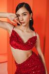 July Issue_Red Net Hand Embroidered Sequin Work Cowl Neck Top And Skirt Set _Online_at_Aza_Fashions