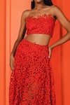 Buy_July Issue_Red Schiffli Lace Floral Cut Work Pattern Straight Gia Bralette And Skirt Set _Online_at_Aza_Fashions