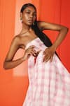 July Issue_Pink Cotton Gingham Straight Zane Asymmetric Hem Dress _Online_at_Aza_Fashions