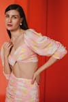 July Issue_Peach Polyester Crepe Print Floral Sweetheart Neck Bandeau Top With Skirt _Online_at_Aza_Fashions