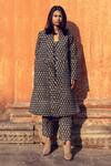 Gulabo Jaipur_Black Cotton Block Print Floral Pattern Top V-neck Kafia Coat And Pant Set _Online_at_Aza_Fashions