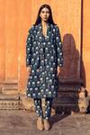 Gulabo Jaipur_Blue Cotton Floral Pattern Top V-neck Kafia Quilted Coat And Printed Pant Set_at_Aza_Fashions