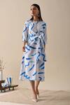 Kanelle_Ivory Cotton Round Neck Claire Stroke Print Dress_Online_at_Aza_Fashions