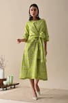 Kanelle_Green Organic Cotton Printed Striped Round Claire Dress _Online_at_Aza_Fashions