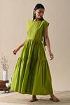 Kanelle_Green Cotton Round Neck Vivian Solid Two-tiered Maxi Dress_Online_at_Aza_Fashions