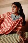 Avacara_Red Silk, Cotton, Lycra Sequins Round Neck Striped Flared Kaftan With Pant _Online_at_Aza_Fashions