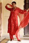 Buy_Avacara_Red Silk Embroidered Dori Notched Kurta Set  _Online_at_Aza_Fashions