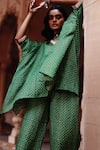 Buy_Avacara_Green Silk, Cotton Embroidery V-neck Hand Block Print Kaftan With Pant _Online_at_Aza_Fashions