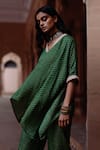 Shop_Avacara_Green Silk, Cotton Embroidery V-neck Hand Block Print Kaftan With Pant _Online_at_Aza_Fashions