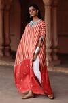 Buy_Avacara_Red Silk, Cotton, Lycra Sequins Round Neck Striped Flared Kaftan With Pant _Online_at_Aza_Fashions
