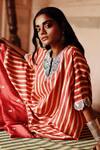 Shop_Avacara_Red Silk, Cotton, Lycra Sequins Round Neck Striped Flared Kaftan With Pant _Online_at_Aza_Fashions