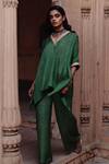 Avacara_Green Silk, Cotton Embroidery V-neck Hand Block Print Kaftan With Pant _at_Aza_Fashions