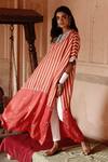 Avacara_Red Silk, Cotton, Lycra Sequins Round Neck Striped Flared Kaftan With Pant _at_Aza_Fashions