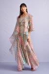 Pankaj & Nidhi_Multi Color Organza Geometric Open Karen Dress With Ruffle Cape  _Online_at_Aza_Fashions