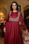 Shop_Harsha Khatry_Wine Velvet And Modal Silk Embroidered Jacket Mirror Anarkali With Koti _Online_at_Aza_Fashions