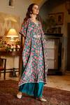 Harsha Khatry_Blue Velvet, Cotton Satin Tassels V-neck Floral Bloom Print Kaftan With Palazzo_Online_at_Aza_Fashions