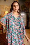 Buy_Harsha Khatry_Blue Velvet, Cotton Satin Tassels V-neck Floral Bloom Print Kaftan With Palazzo_Online_at_Aza_Fashions