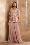 Shop_OMANA BY RANJANA BOTHRA_Pink Peplum - Cupro Raw Silk Embroidery Thread Zareen Floral Top And Sharara Set _Online_at_Aza_Fashions