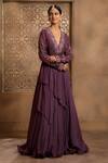 Omana By Ranjana Bothra_Purple Satin, Organza, Crepe Embroidery, Cut Floral Draped Anarkali With Belt _Online_at_Aza_Fashions