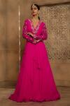 Omana By Ranjana Bothra_Pink Satin, Organza, Crepe Embroidery, Cut Work Draped Anarkali With Belt _Online_at_Aza_Fashions