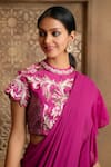 OMANA BY RANJANA BOTHRA_Magenta Blouse - Bamber Raw Silk Embroidery Floral Mayoor Pre-draped Saree With _Online_at_Aza_Fashions