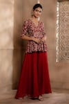 OMANA BY RANJANA BOTHRA_Red Peplum - Cupro Raw Silk Embroidery Thread Zareen Flower Top And Sharara Set _at_Aza_Fashions