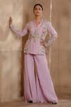 Buy_Omana By Ranjana Bothra_Purple Organza, Georgette, Viscose, Mayoor Peplum Jacket And Bell Bottom Pant Set _Online_at_Aza_Fashions