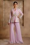 Omana By Ranjana Bothra_Purple Organza, Georgette, Viscose, Mayoor Peplum Jacket And Bell Bottom Pant Set _at_Aza_Fashions