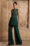 Buy_OMANA BY RANJANA BOTHRA_Emerald Green Peplum - Crinkled Pankhi Zardozi Top And Bell Bottom Pant Set _Online_at_Aza_Fashions