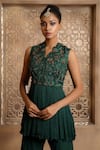 Shop_OMANA BY RANJANA BOTHRA_Emerald Green Peplum - Crinkled Pankhi Zardozi Top And Bell Bottom Pant Set _Online_at_Aza_Fashions