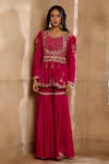 Omana By Ranjana Bothra_Pink Chanderi Embroidery Round Neck Heer Peplum Top And Gharara Set _at_Aza_Fashions