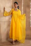 OMANA BY RANJANA BOTHRA_Yellow Kurta And Trouser - Bamber Raw Silk Embroidery Bella Bird Sleeve Set _Online_at_Aza_Fashions