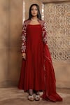 OMANA BY RANJANA BOTHRA_Red Kurta And Trouser - Bamber Raw Silk Embroidery Thread Scoop Bella Sleeve Set _Online_at_Aza_Fashions