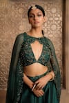 OMANA BY RANJANA BOTHRA_Emerald Green Blouse And Lehenga - Raw Silk Embroidery Thread Cape Nora Set _Online_at_Aza_Fashions