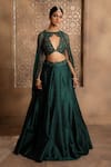 Buy_OMANA BY RANJANA BOTHRA_Emerald Green Blouse And Lehenga - Raw Silk Embroidery Thread Cape Nora Set _Online_at_Aza_Fashions